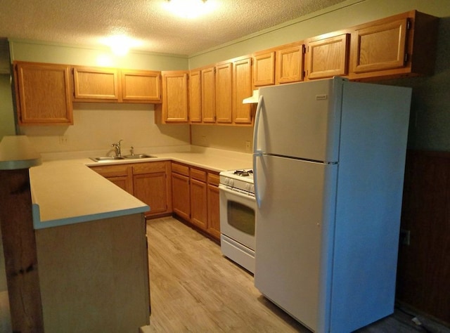 kitchen featuring white appliances, a sink, light countertops, a textured ceiling, and light wood-type flooring