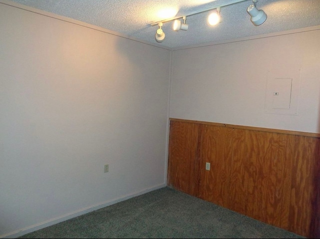 carpeted empty room featuring wainscoting, rail lighting, a textured ceiling, and wood walls