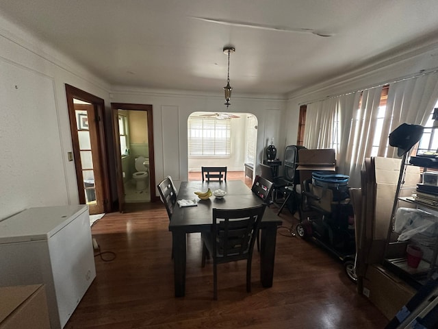 dining space featuring dark wood finished floors and arched walkways