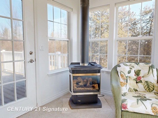 details featuring a wood stove and baseboards