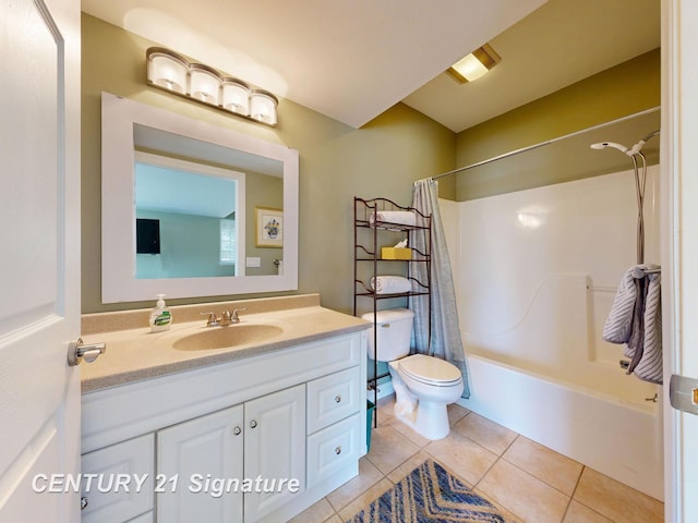 bathroom with tile patterned floors, toilet, vanity, and shower / bathtub combination with curtain