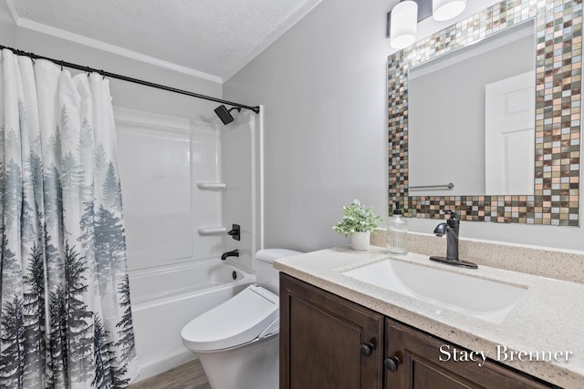 bathroom with shower / bath combination with curtain, toilet, a textured ceiling, and vanity