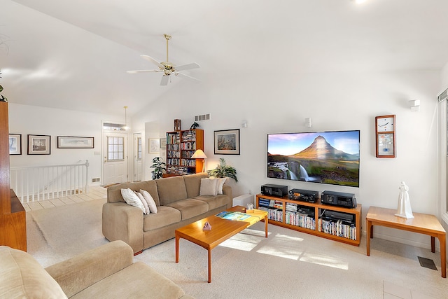 living area featuring visible vents, ceiling fan, high vaulted ceiling, and carpet