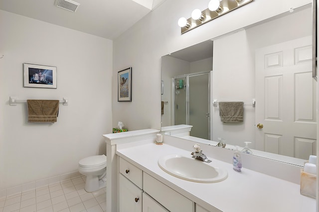 full bathroom with vanity, visible vents, tile patterned flooring, a shower stall, and toilet