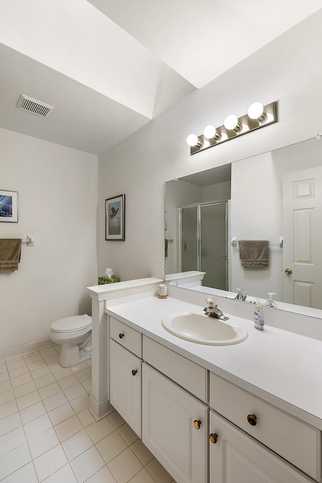 bathroom featuring tile patterned flooring, visible vents, toilet, a stall shower, and vanity