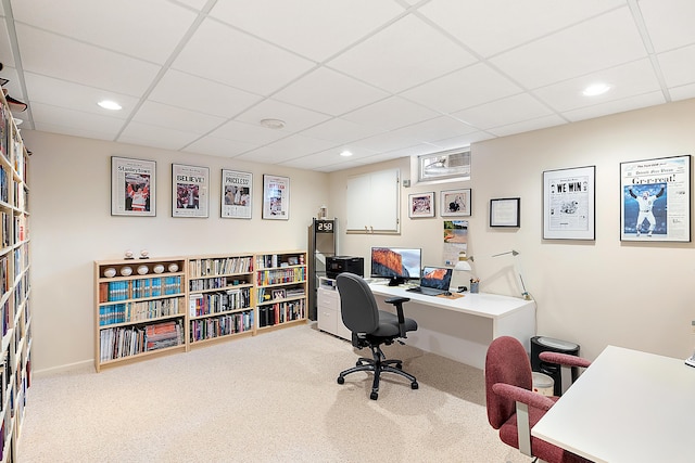 office area featuring a drop ceiling, recessed lighting, and carpet floors