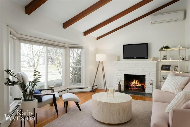 living room with wood finished floors, lofted ceiling with beams, a fireplace, an AC wall unit, and a baseboard heating unit