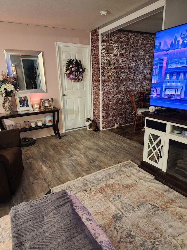 living room featuring a fireplace and wood finished floors