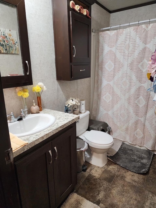 bathroom with a shower with shower curtain, toilet, vanity, and stone finish flooring