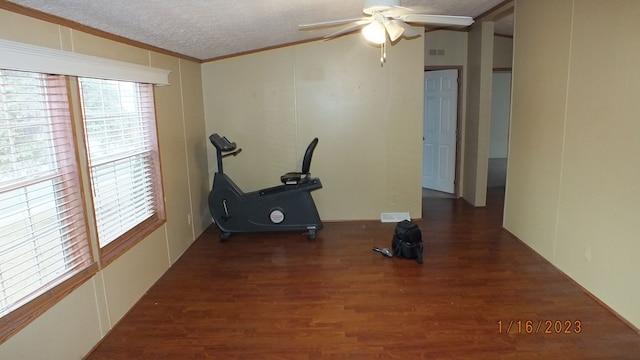 exercise room featuring ceiling fan, a textured ceiling, wood finished floors, and crown molding