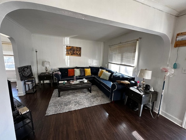 living room featuring crown molding, wood finished floors, arched walkways, and a wealth of natural light