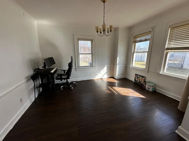 office with baseboards, ornamental molding, wainscoting, dark wood-style floors, and a notable chandelier