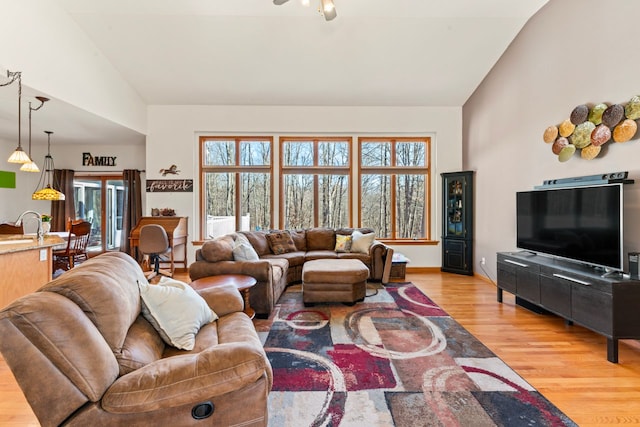 living area with light wood-type flooring and high vaulted ceiling