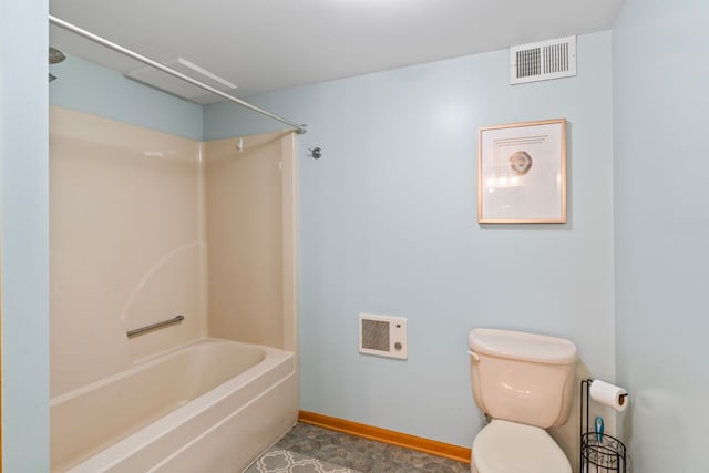 full bathroom featuring baseboards, visible vents, toilet, and bathtub / shower combination