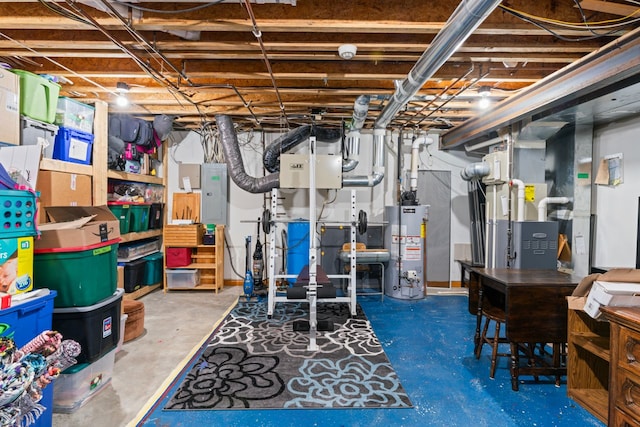 unfinished basement featuring gas water heater and electric panel