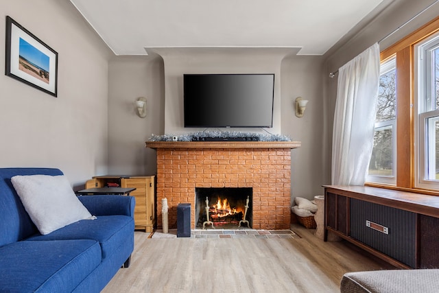 living room with wood finished floors and a fireplace