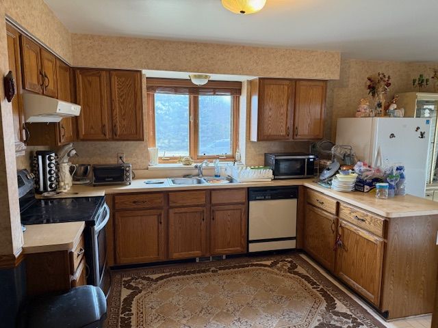 kitchen with under cabinet range hood, light countertops, appliances with stainless steel finishes, a peninsula, and a sink