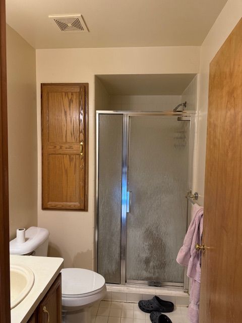 bathroom with tile patterned floors, visible vents, a shower stall, and vanity