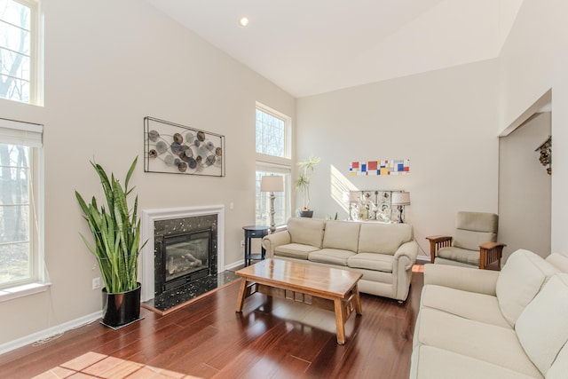 living room with wood finished floors, a high ceiling, a healthy amount of sunlight, and a high end fireplace