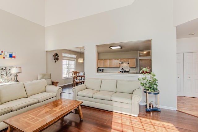 living room featuring baseboards, a high ceiling, and wood finished floors