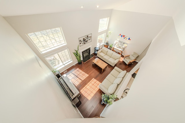 living room with a fireplace with flush hearth, high vaulted ceiling, and wood finished floors