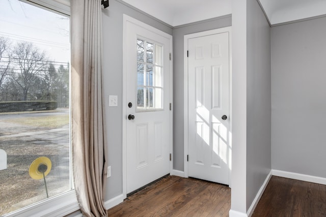 entrance foyer with baseboards and dark wood-type flooring