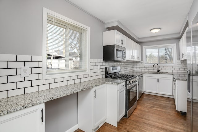 kitchen featuring white cabinetry, light stone countertops, stainless steel appliances, and a sink