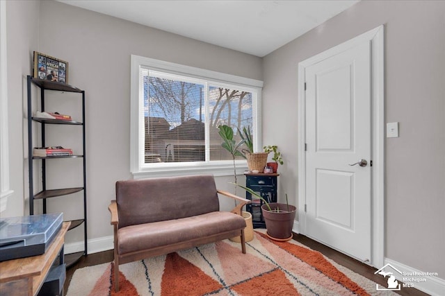 living area featuring baseboards and wood finished floors