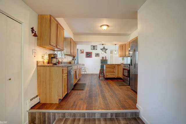 kitchen featuring baseboards, dark wood finished floors, appliances with stainless steel finishes, decorative light fixtures, and baseboard heating