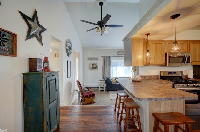 kitchen featuring dark wood finished floors, vaulted ceiling, a kitchen breakfast bar, a peninsula, and stainless steel appliances