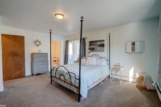 carpeted bedroom featuring a baseboard radiator, baseboards, and a wall mounted AC