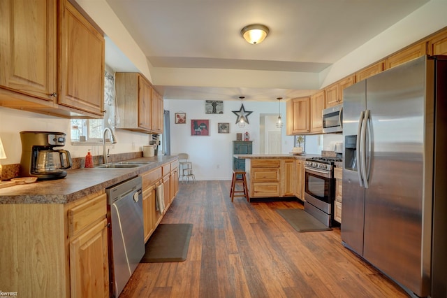 kitchen with pendant lighting, a sink, dark wood finished floors, appliances with stainless steel finishes, and a peninsula