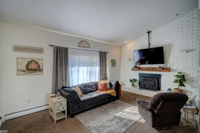 carpeted living area with a baseboard heating unit, lofted ceiling, and a brick fireplace