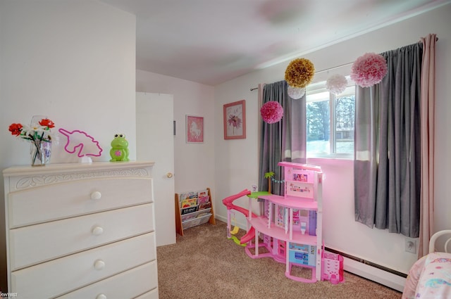 carpeted bedroom featuring a baseboard radiator