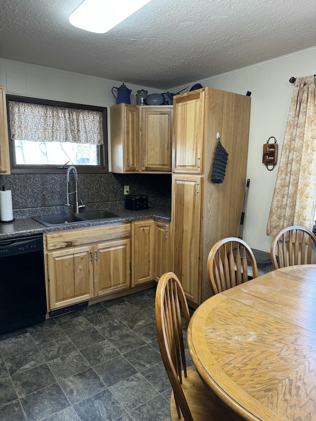 kitchen featuring dark countertops, tasteful backsplash, dishwasher, a textured ceiling, and a sink