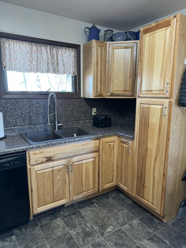 kitchen featuring a sink, decorative backsplash, black dishwasher, a textured ceiling, and dark countertops