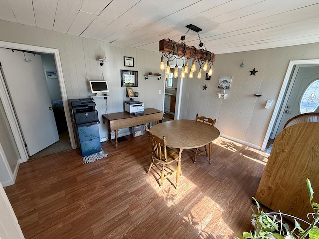 dining space with wood ceiling and wood finished floors