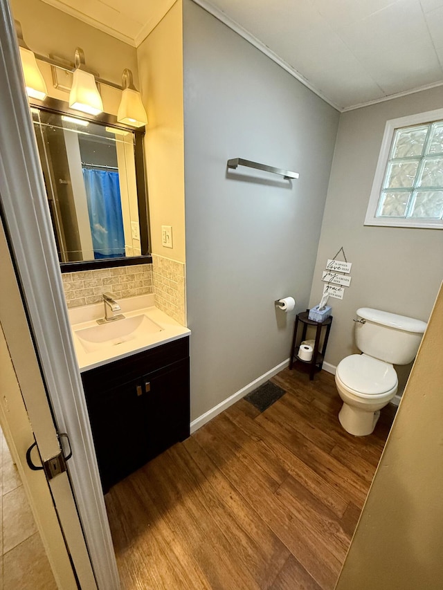 full bath featuring vanity, wood finished floors, baseboards, toilet, and tasteful backsplash