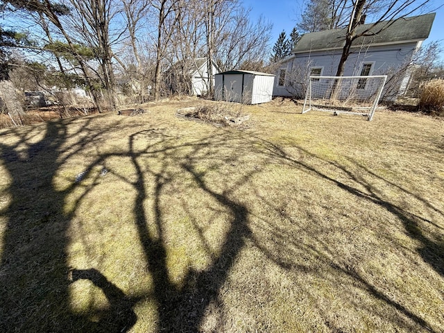 view of yard featuring a storage unit and an outbuilding