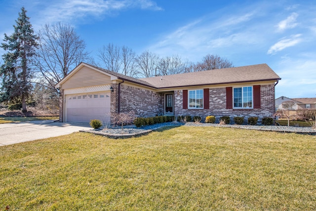 ranch-style home with a shingled roof, concrete driveway, a front yard, an attached garage, and brick siding