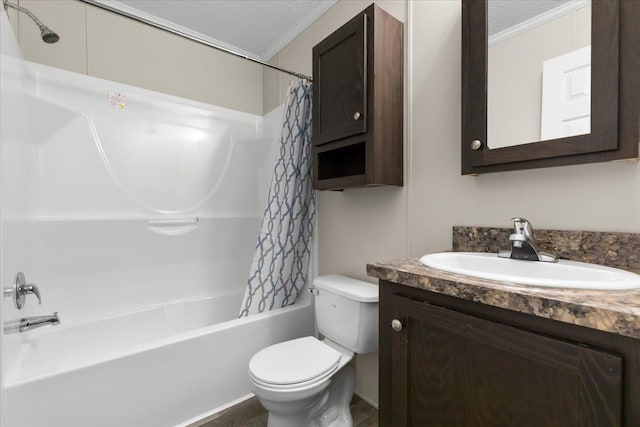 full bath with a textured ceiling, toilet, shower / bath combo with shower curtain, and vanity