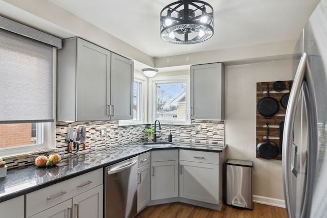 kitchen with a sink, stainless steel appliances, tasteful backsplash, and gray cabinets