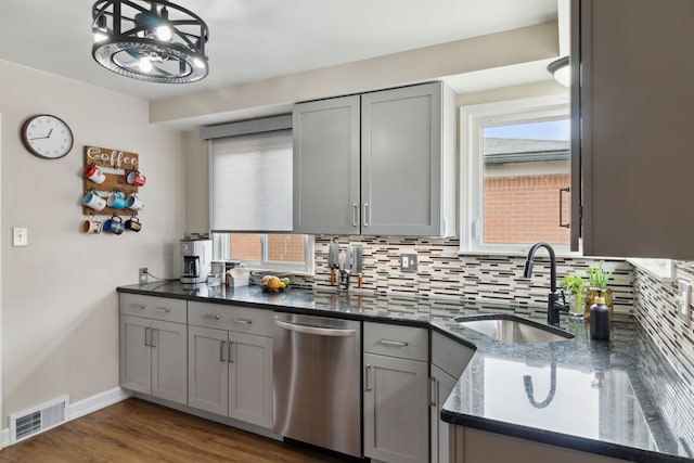 kitchen with visible vents, backsplash, gray cabinetry, stainless steel dishwasher, and a sink