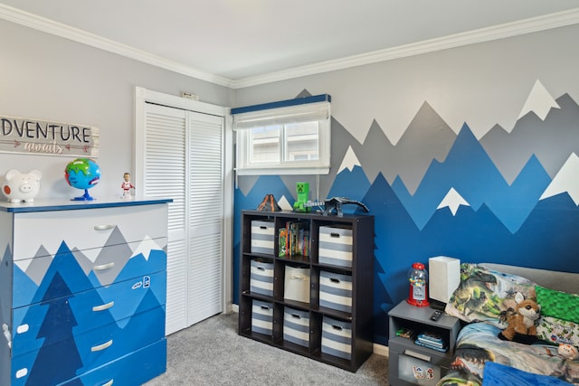 carpeted bedroom with a closet and ornamental molding