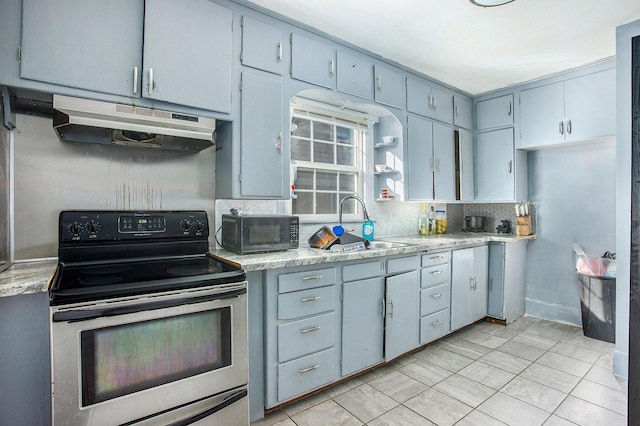 kitchen featuring under cabinet range hood, light countertops, decorative backsplash, electric stove, and a sink