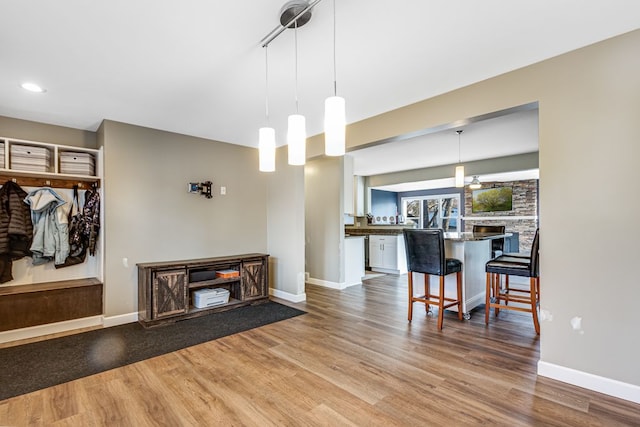 living room with baseboards and wood finished floors