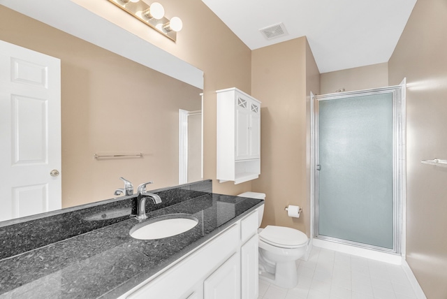 full bath with vanity, a shower stall, toilet, and visible vents