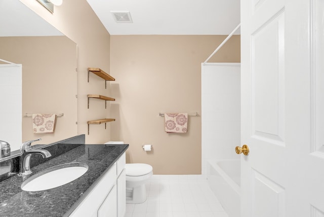 full bath featuring visible vents, toilet, shower / tub combination, tile patterned flooring, and vanity