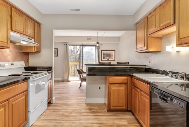 kitchen featuring light wood-style flooring, under cabinet range hood, a sink, black dishwasher, and white range with electric stovetop