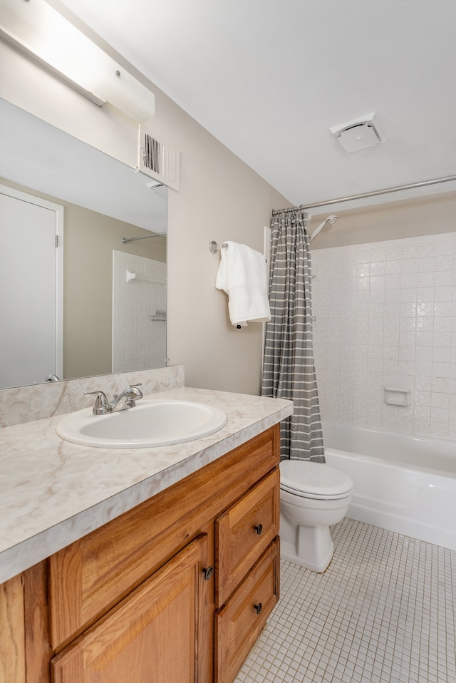 full bath featuring vanity, shower / bathtub combination with curtain, visible vents, tile patterned flooring, and toilet